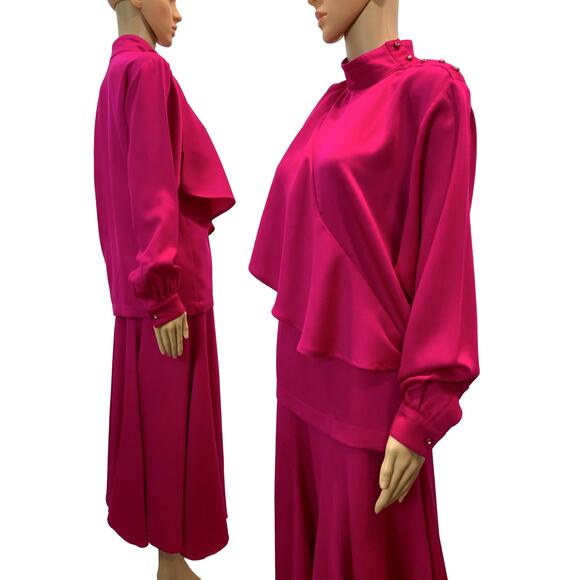 80s Hot Pink Midi Skirt & Asymmetrical Blouse Set | Auckie Sanft Italy | W 25' - Picture 7 of 13